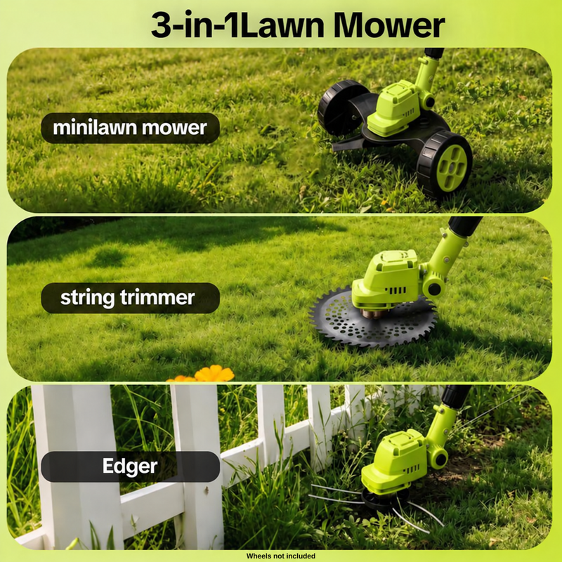 The SEESE working as a mini lawn mower, a string trimmer and an edger